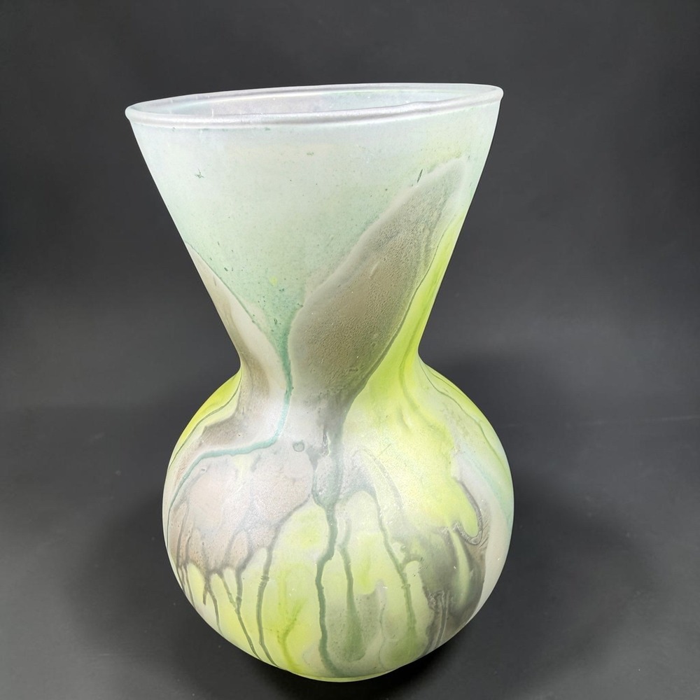 Frosted Satin Studio Art Glass Vase Green Yellow Swirl Drip Hourglass 5" Tall